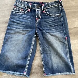 True Religion Blue Denim Shorts with Vintage Distressing